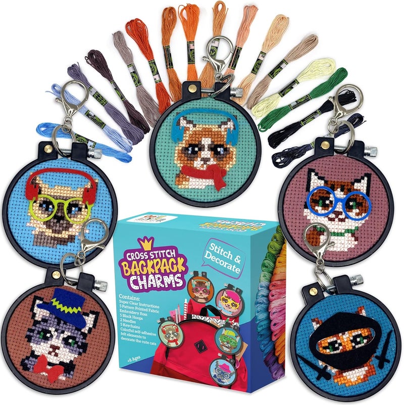 CRAFTILOO Cats Cross Stitch Kits for Beginners. 5 Stamped Cross Stitch Kits for Kids.Needlepoint Kits for Beginners. Embroidery Kit for Kids. Girls Cross Stitch kit (Cats) - Image 1
